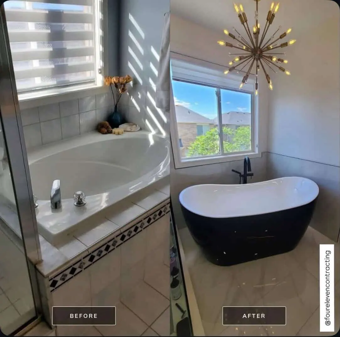 Before and after of a primary bathroom — dated drop-in tub and tiled deck on the left, freestanding black tub and a brass sputnik chandelier on the right.