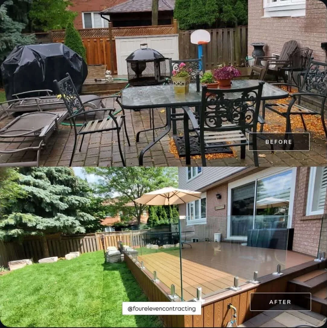 Before and after of a backyard deck — weathered wood platform on top, composite deck with glass railing and seating wall on the bottom.