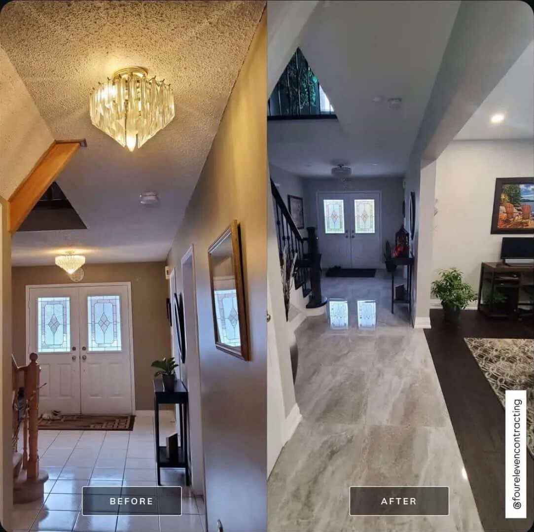 Interior renovation in progress with framed walls and natural light.